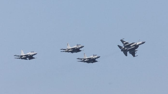 Pakistan Air Force's JF-17 Thunder jets fly past during the sea phase of Pakistan Navy's Multinational Exercise AMAN-23, in the North Arabian Sea near Karachi, Pakistan, February 13, 2023 | Reuters