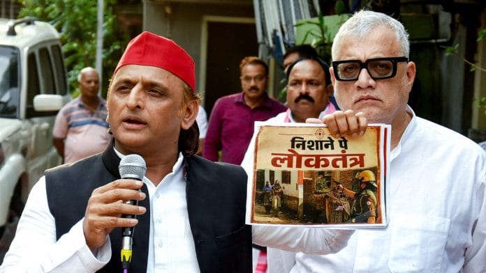 Samajwadi Party National President Akhilesh Yadav during a press briefing, in Kolkata on Thursday. TMC MP Biren O' Derek also present. | ANI Photo