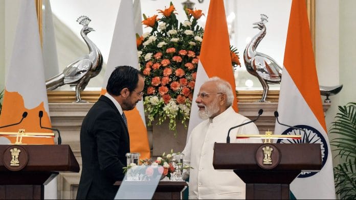 New Delhi, May 22 (ANI): Prime Minister Narendra Modi and President of the Republic of Cyprus Nikos Christodoulides during a joint press statement at Hyderabad House, in New Delhi on Friday. (ANI Photo/Rahul Singh)