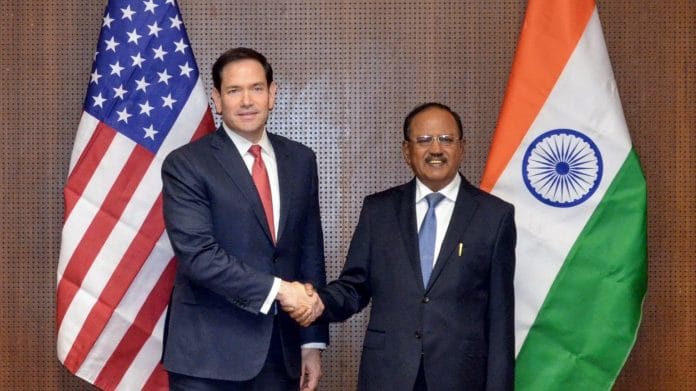 US Secretary of State and National Security Advisor Marco Rubio meets NSA Ajit Doval, in New Delhi on Sunday. | @MEAIndia X/ANI Photo