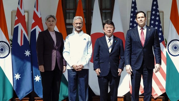 External Affairs Minister S Jaishankar with US Secretary of State Marco Rubio, Australian Foreign Minister Senator Penny Wong and Japan Foreign Minister Toshimitsu Motegi during the QUAD Foreign Ministers’ Meeting, in New Delhi on Tuesday. | @DrSJaishankar X/ANI Photo