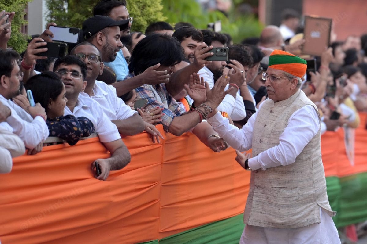 Union Minister Arjun Meghwal greets BJP supporters | Suraj Singh Bisht | ThePrint