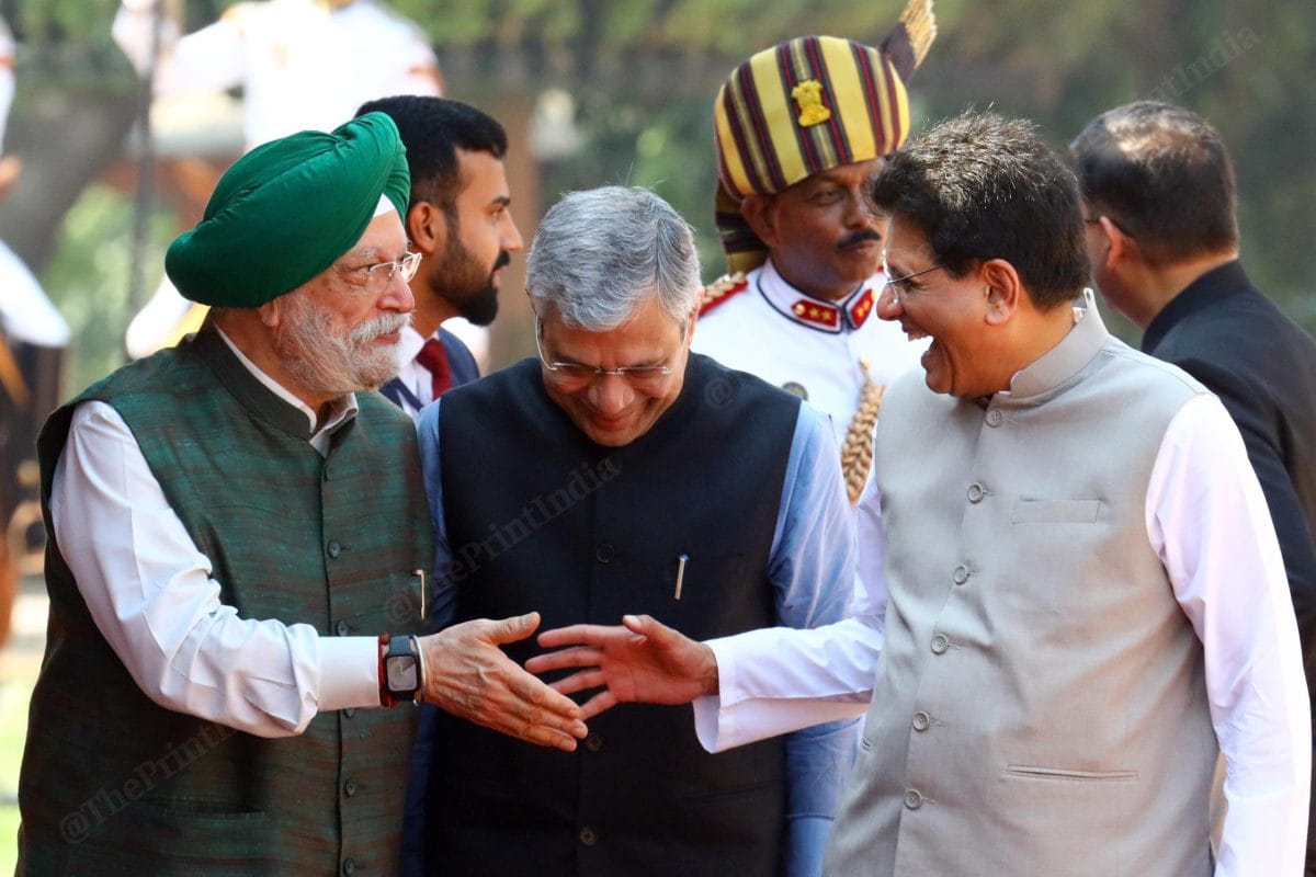 Union Ministers Hardeep Puri, Ashwani Vaishnav and Piyush Goyal at Rashtrapati Bhavan | Praveen Jain | ThePrint