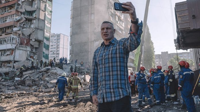 Vitali Klitschko, mayor of Kyiv, visits the site of a Russian air strike in a residential district of Kyiv, Ukraine, on Thursday, May 14, 2026. Ukraine came under 