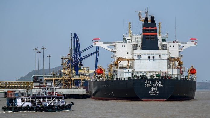 Desh Garima, an Indian-flagged tanker carrying crude oil that transited through the Strait of Hormuz, is seen docked at an offloading terminal along the coast in Mumbai on April 30, 2026. Photographer: Punit Paranjpe/AFP/Getty Images