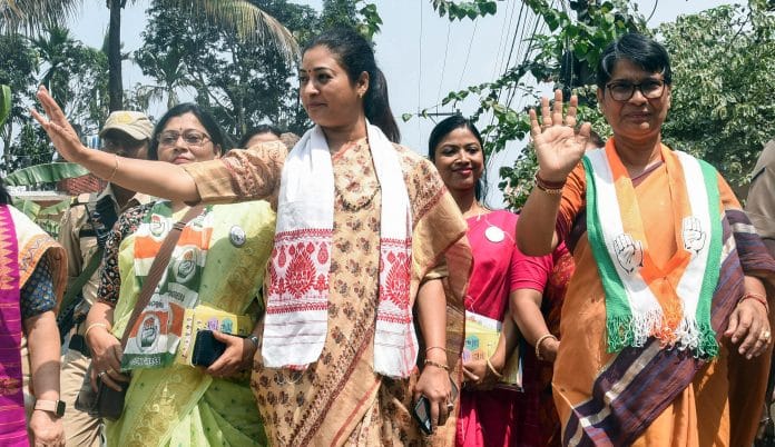 Congress Dispur Assembly constituency candidate Meera Borthakur with AIMC President Alka Lamba during an election campaign at Dispur area, in Guwahati on Thursday. (ANI Photo)