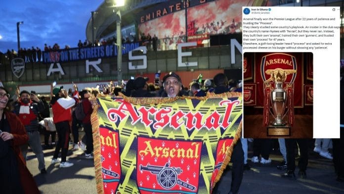 Arsenal fan celebrates outside stadium as Arsenal win Premier League Action on 19 May 2026 | Images via Reuters/Andrew Boyers