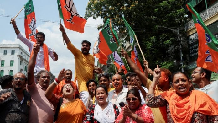 BJP supporters celebrate outside party office in Kolkata on 4 May, 2026 | Sahiba Chawdhary/Reuters