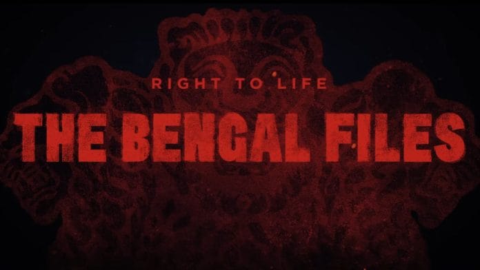 A still from the trailer of 'The Bengal Files' displaying the title in red.