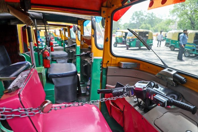 New Delhi, Apr 19 (ANI): Auto rickshaws stand parked at New Delhi Railway Station due to a strike by auto and taxi unions demanding a CNG subsidy and a fare revision in the wake of rising fuel prices, in New Delhi on Tuesday. (ANI Photo)