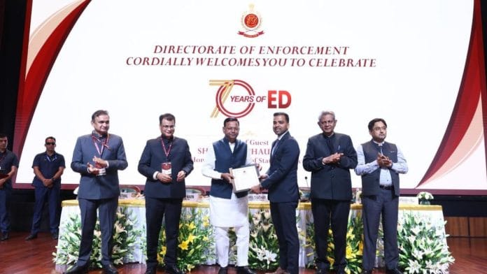 MoS Finance Pankaj Chaudhary (centre), ASG S V Raju (2nd from right), Union Revenue Secretary (extreme right) Arvind Shrivastava, ED Director Rahul Navin (Chaudhary's right) and Special Director Manu Tentiwal (extreme left) at ED's foundation day event | By special arrangement