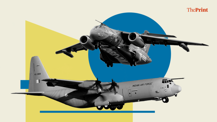 File photo of Embraer’s KC-390 Millennium and Lockheed Martin’s C-130J | Illustration: Shruti Naithani/ThePrint
