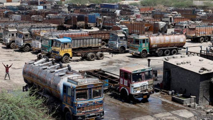 Trucks are parked at a parking area, as India faces rising oil prices following the closure of the Strait of Hormuz amid the U.S.-Israeli conflict with Iran, in Gandhidham , Gujarat, India, May 23, 2026. REUTERS/Amit Dave