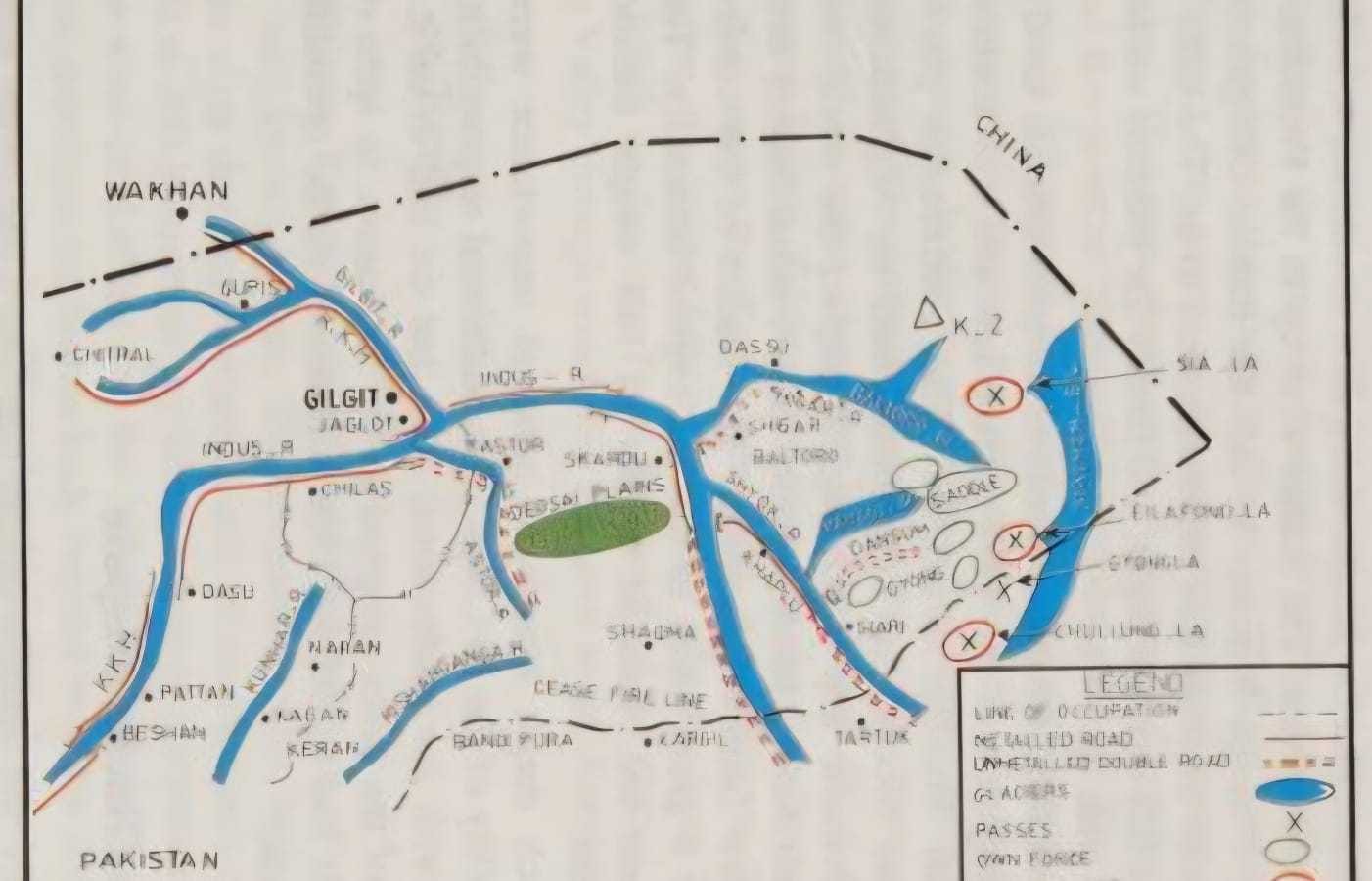 Map prepared by Lt Gen Jahan Dad Khan, Corps Commander Pakistan, showing the Pakistani troop positions in 1984 marked by 'x' in red circles | Source: Pakistan Leadership Challenges, Jahan Dad Khan