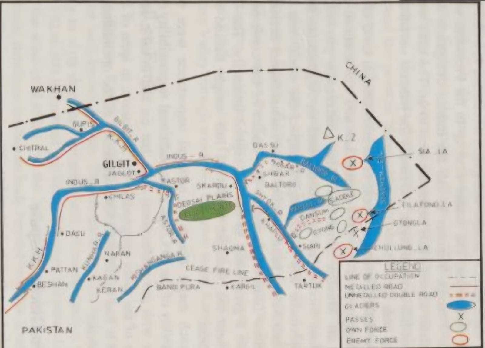 Map prepared by Lt Gen Jahan Dad Khan, Corps Commander Pakistan, showing the Pakistani troop positions in 1984 marked by blank circles | Source: Pakistan Leadership Challenges, Jahan Dad Khan