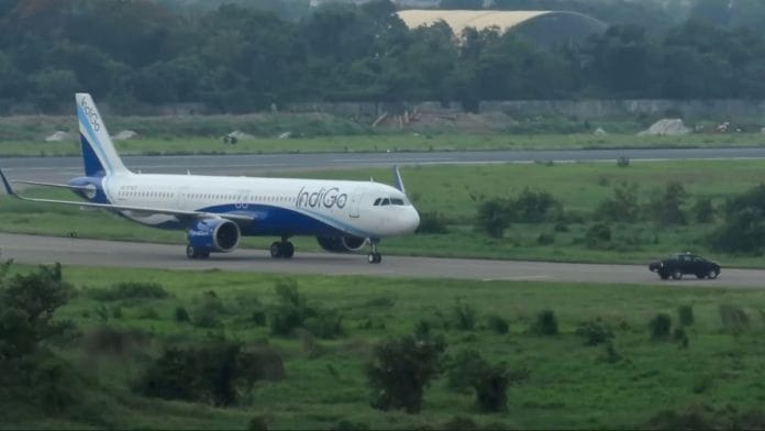 YouTube screengrab shows an IndiGo aircraft halted on the taxiway at Dhaka airport during a search operation after the pilot reported spotting animals nearby | Photo: Royal Bengal Aviation | YouTube