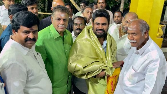 File photo of Jose Charles Martin at Appa Paithiyam Swamigal Temple in Salem, with Puducherry Chief Minister N. Rangaswamy | ANI Video Grab