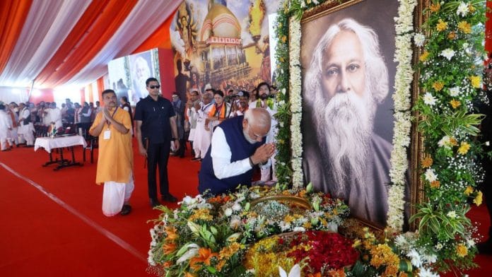 Prime Minister Narendra Modi bowing to a portrait of Rabindranath Tagore in Kolkata after BJP swept the West Bengal Assembly elections this year | Source: X, @narendramodi