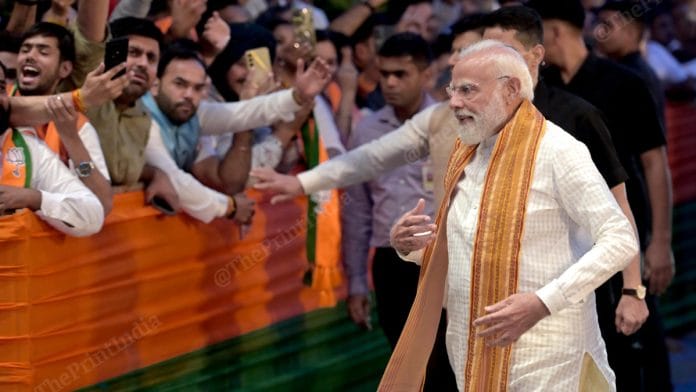 PM Narendra Modi at the BJP headquarters in New Delhi after the party's electoral win in West Bengal and Assam | Suraj Singh Bisht | ThePrint