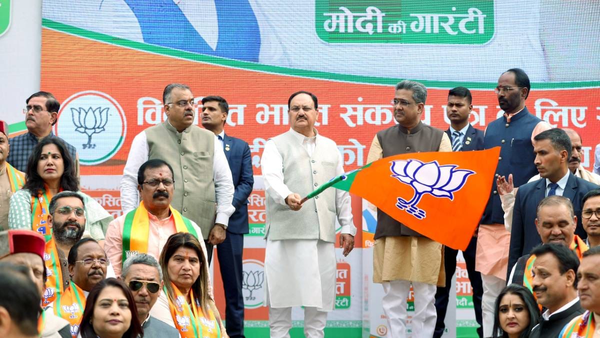BJP leader J.P. Nadda flags off the Viksit Bharat 'Modi ki guarantee; video van in New Delhi in February 2024 | ANI