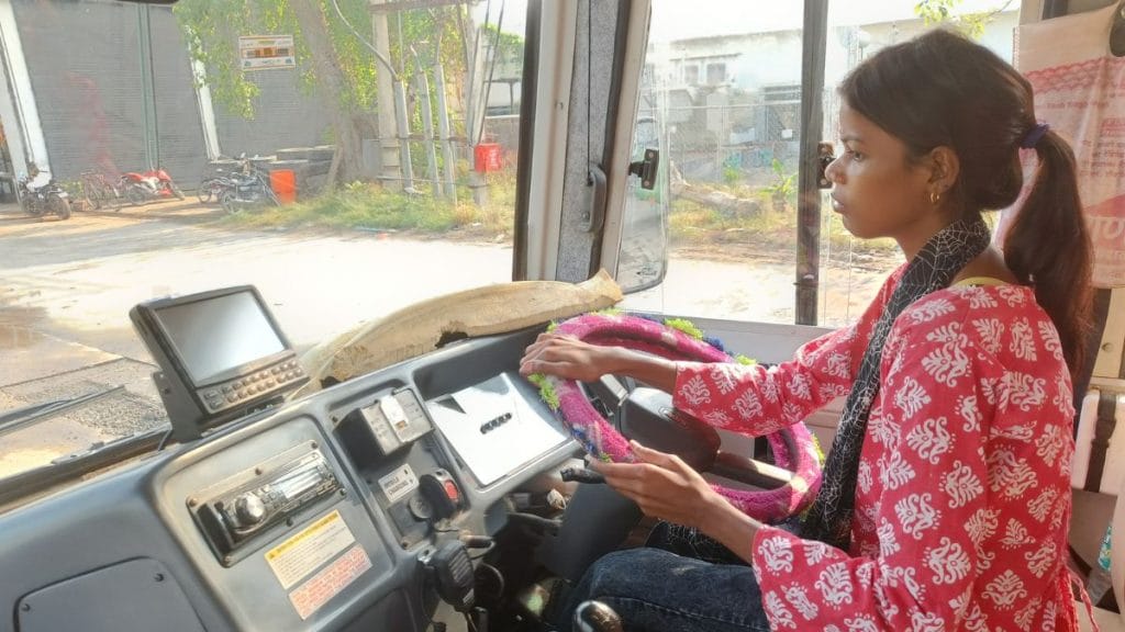 Ragini Kumari behind the wheels of Bihar's Pink bus. Krishan Murari | ThePrint