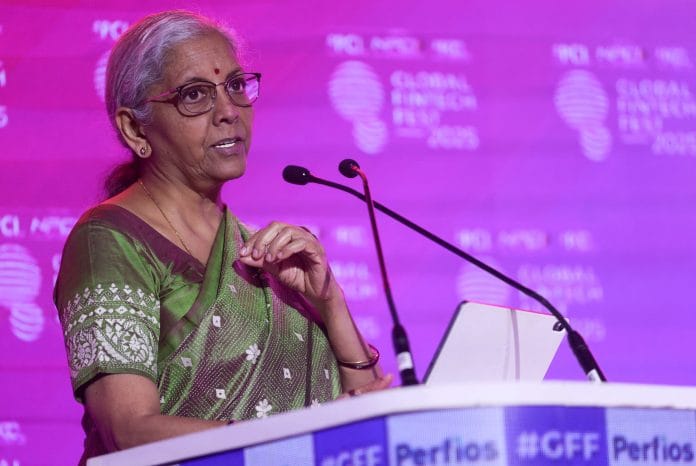 India's Finance Minister Nirmala Sitharaman speaks at the Global Fintech Fest in Mumbai, India, October 7, 2025. REUTERS/Francis Mascarenhas