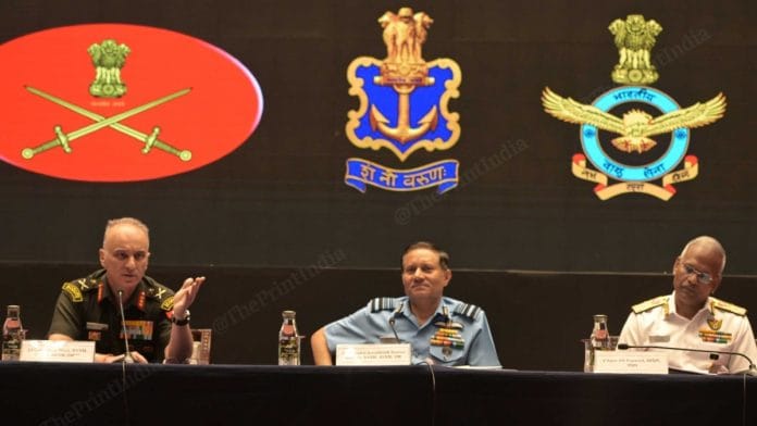 (L-R) Lt Gen Rajiv Ghai, Air Marshal AK Bharti and Vice Admiral AN Pramod addressing the media at Sapta Shakti Hall, HQ South Western Command, Jaipur, on 7 May 2026 | Suraj Singh Bisht/ThePrint
