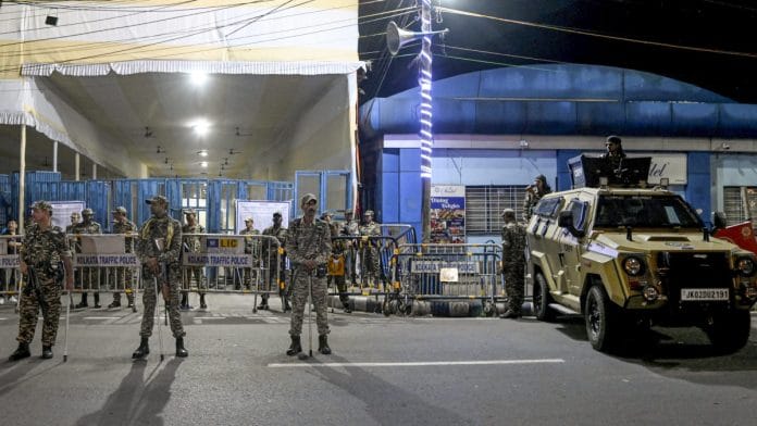 Representative Image | Security personnel stand guard outside a strong room, ahead of the counting of votes for the West Bengal Assembly elections, at the Khudiram Anushilan Kendra, in Kolkata, Friday, May 1, 2026. | PTI Photo