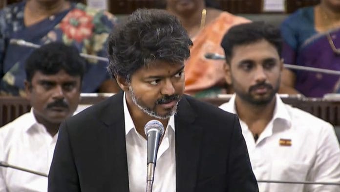 In this screengrab from a video posted on May 13, 2026, Tamil Nadu CM Joseph Vijay speaks in the state Assembly during floor test, in Chennai. | @tamilnaduassembly/Yt via PTI Photo