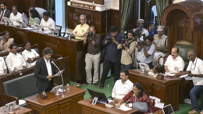 In this screengrab from a video posted on May 13, 2026, Tamil Nadu CM Joseph Vijay speaks in the state Assembly during floor test, in Chennai. @tamilnaduassembly/Yt via PTI Photo