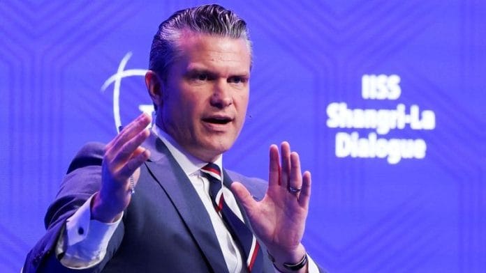 U.S. Secretary of Defense Pete Hegseth speaks at the IISS Shangri-La Dialogue security summit in Singapore, May 30, 2026. REUTERS/Edgar Su