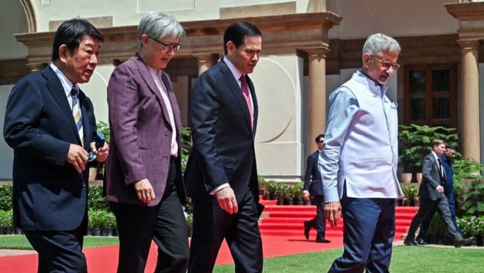 External Affairs Minister S. Jaishankar with US Secretary of State Marco Rubio, Australian Foreign Minister Senator Penny Wong and Japan Foreign Minister Toshimitsu Motegi after the QUAD Foreign Ministers’ Meeting in New Delhi Tuesday | X: @DrSJaishankar/ANI Photo