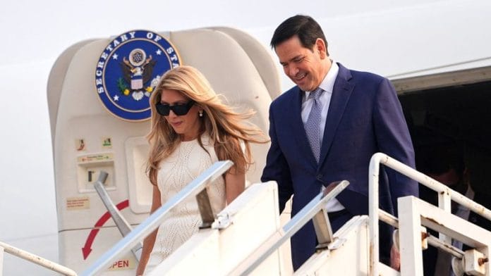 US Secretary of State Marco Rubio disembarks his plane with his wife Jeanette at Netaji Subhash Chandra Bose International Airport in Kolkata on Saturday | Photo: Julia Demaree Nikhinson/Reuters