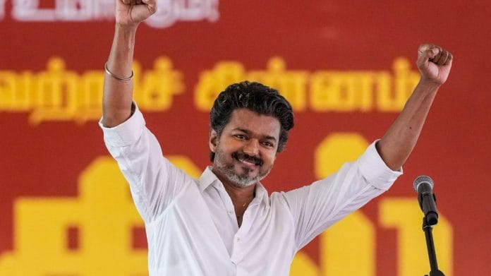 TVK chief Vijay at a public meeting ahead of Assembly elections, in Chennai | PTI Photo/ R Senthilkumar