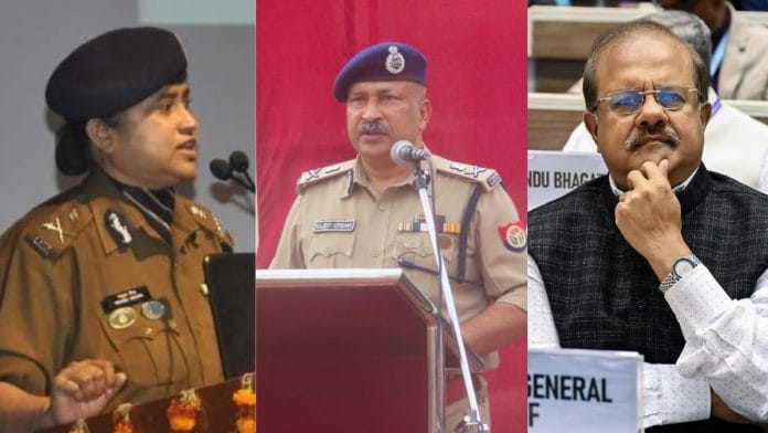 (L-R) Renuka Mishra, former chairperson of UP Police Recruitment Board; Acting DGP Rajeev Krishna; and NDRF Director General Piyush Anand | X, ANI