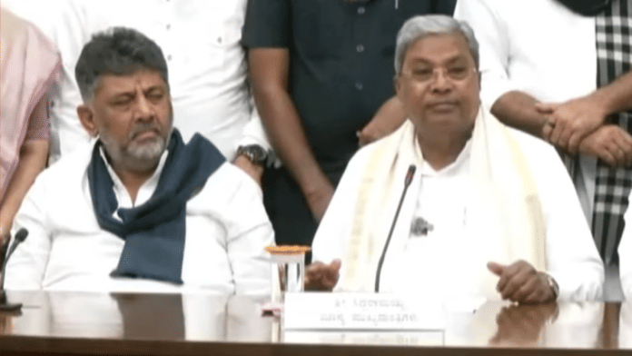 After resigning as CM, Siddaramaiah (left) addresses press conference with likely successor DK Shivakumar on Wednesday in Bengaluru. | YouTube screenshot/@ThePrint