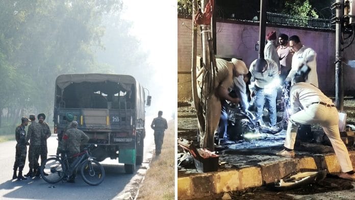 Security personnel deployed near the blast site close to the Army cantonment area at Khasa, in Amritsar; (right) security personnel in Jaladhar inspect the scooter after it caught fire near a BSF establishment | Photos: PTI