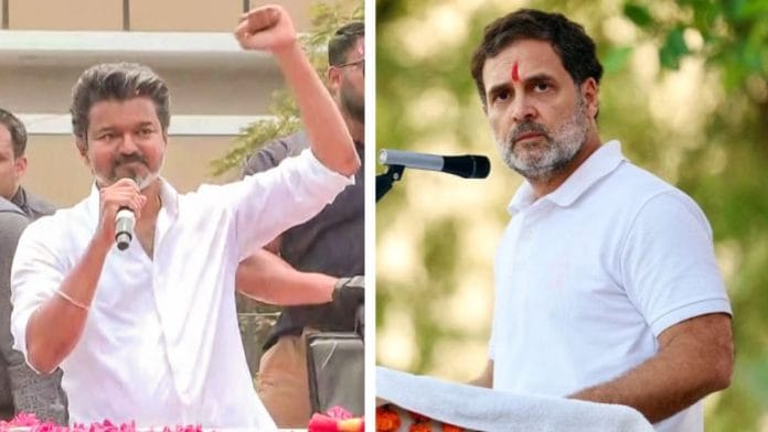 File photos of TVK leader Vijay and Congress’s Rahul Gandhi | ANI