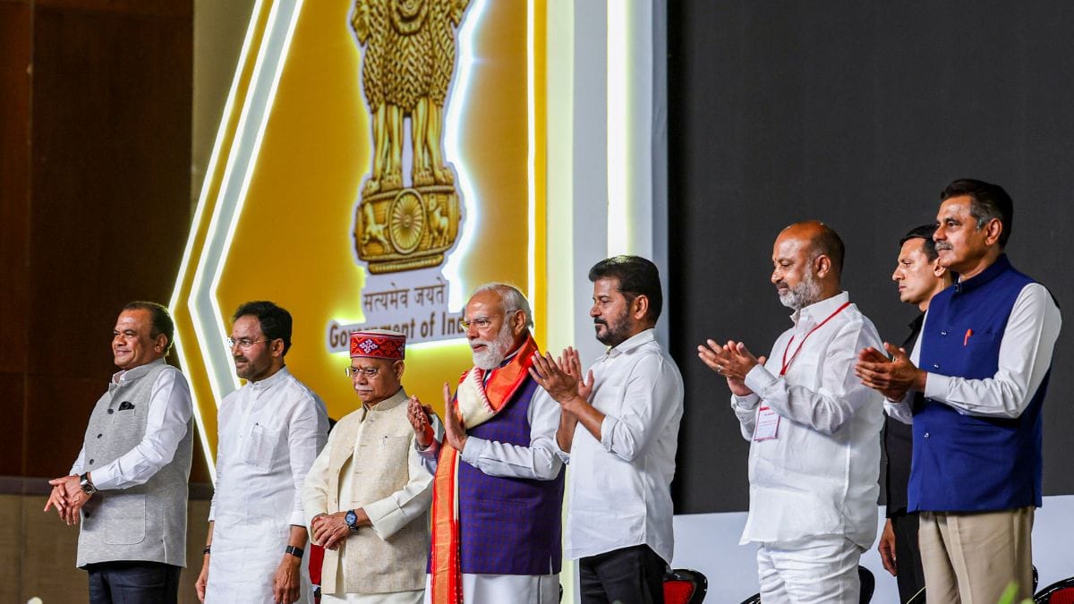 Prime Minister Narendra Modi during the inauguration and foundation stone laying ceremony of various projects, in Hyderabad. Governor Shiv Pratap Shukla, CM Revanth Reddy and others leaders alonside | Photo: PTI