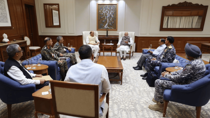 File photo of the prime minister meeting the CDS, chiefs of Army, Navy and Air Force | X/@PMOIndia