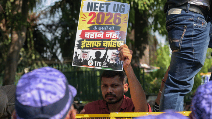 File photo of the Indian Youth Congress (IYC) protest against the NEET paper leak in New Delhi | Suraj Singh Bisht | ThePrint