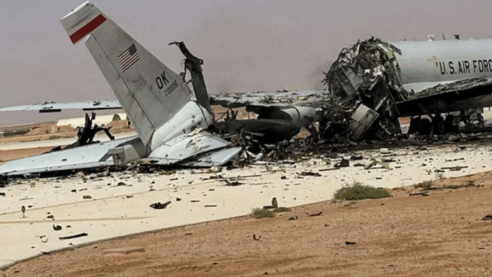 A damaged U.S. Boeing E-3 Sentry airborne warning and control aircraft following an Iranian strike on the airbase at Prince Sultan Air Base in Saudi Arabia | SOCIAL MEDIA/via REUTERS/File Photo
