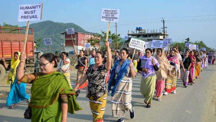 Women protest demanding the release of missing civilians, in Imphal West district of Manipur | Photo: PTI