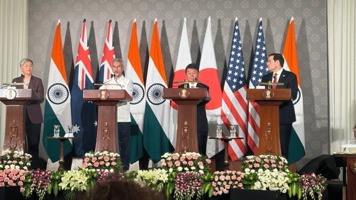 External Affairs Minister S. Jaishankar speaks at a joint press conference after the Quad Foreign Ministers' meeting at Hyderabad House in New Delhi on Tuesday. His Australian and Japan counterparts Penny Wong and Toshimitsu Motegi, and US Secretary of State Marco Rubio are present on the dais | Debdutta Chakraborty | ThePrint