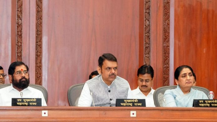 Maharashtra Chief Minister Devendra Fadnavis at a meeting with deputy CMs Eknath Shinde and Sunetra Pawar in Mumbai | Photo: @CMOMaharashtra/X via ANI