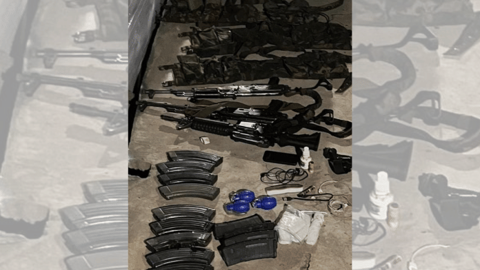 The two AK series rifles, one M4 carbine, ammunition and war-like stores recovered after the three terrorists were eliminated by security personnel | X/@ChinarcorpsIA