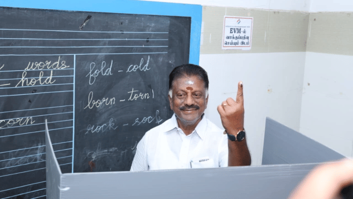 Former chief minister O Panneerselvam shows his inked finger at a polling booth in Bodinayakanur, Tamil Nadu | X/@OfficeOfOPS