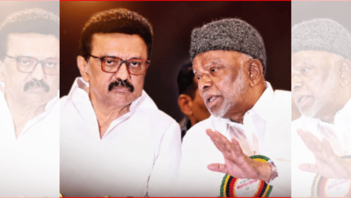 DMK chief MK Stalin with IUML president Khader Mohideen. | X/@IUMLTNOfficial