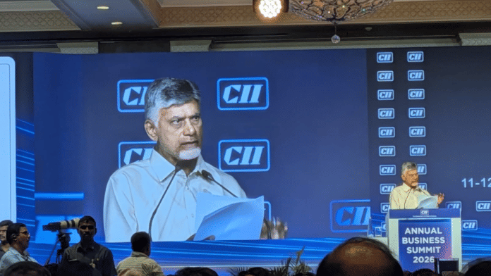 Andhra Pradesh CM Chandrababu Naidu speaking at CII event in New Delhi. | Sahaj Sankaran/ThePrint
