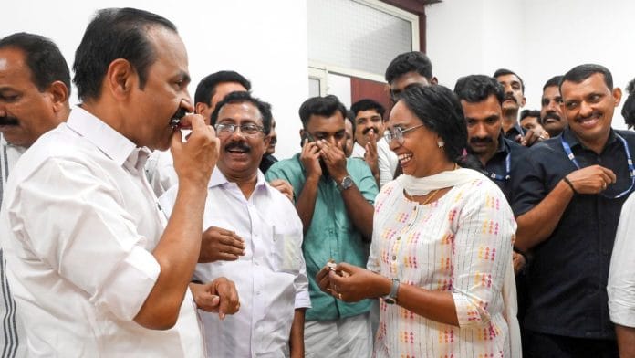 Kerala's Leader of Opposition V.D. Satheesan celebrates with party workers, in Thiruvananthapuram | Photo: PTI